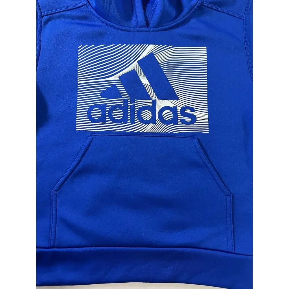 adidas Unisex Kids Blue Pullover Hoodie, Logo, Hooded, Pockets, Size 5
